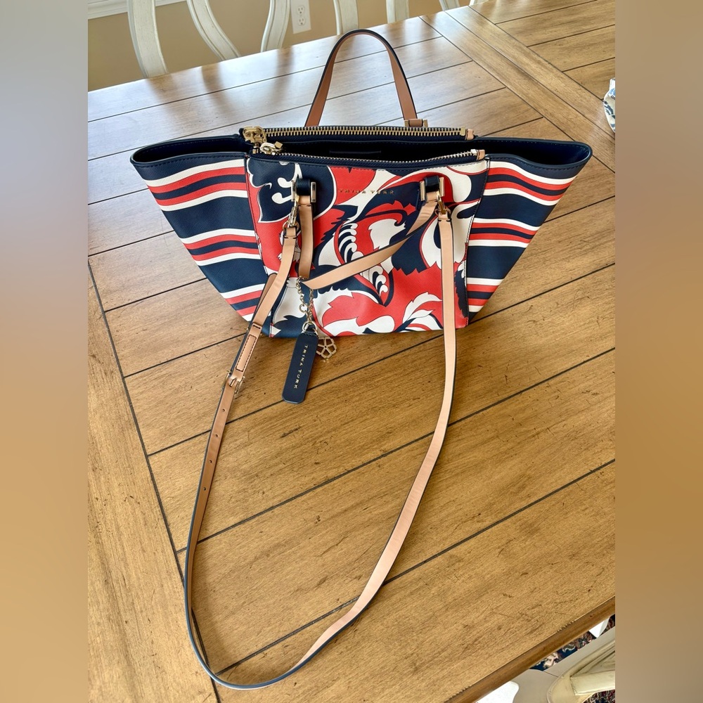 Trina Turk Navy, Coral, & White Satchel Handbag - Picture 4 of 4